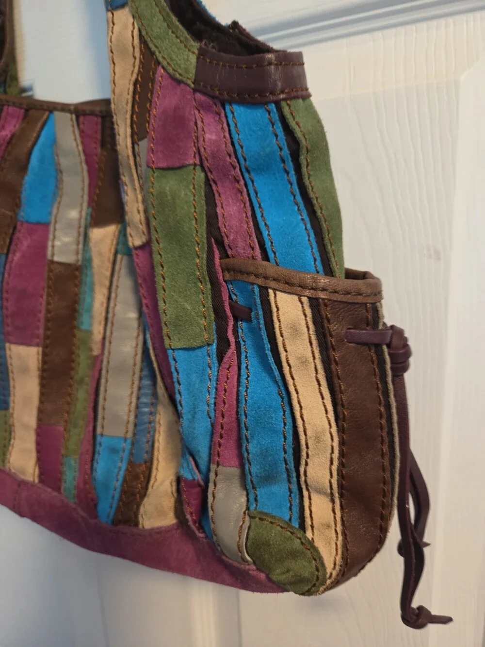 Lucky Brand Leather Hobo Tote Brown Blue Pink Patchwork - Used